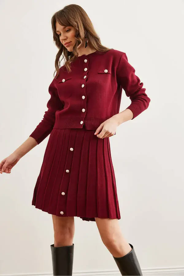 Women's Burgundy Button Detail Top Cardigan with Pleated Skirt Knitwear Set TKM-19000332 - 5
