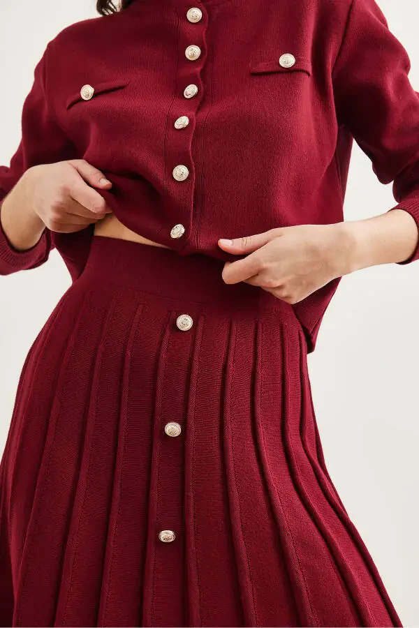 Women's Burgundy Button Detail Top Cardigan with Pleated Skirt Knitwear Set TKM-19000332 - 6
