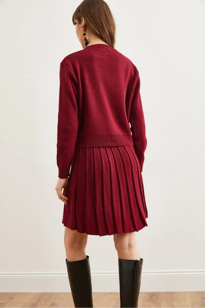 Women's Burgundy Button Detail Top Cardigan with Pleated Skirt Knitwear Set TKM-19000332 - 7