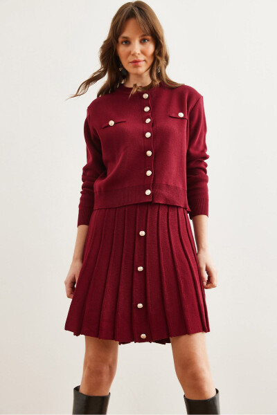 Women's Burgundy Button Detail Top Cardigan with Pleated Skirt Knitwear Set TKM-19000332 - 9