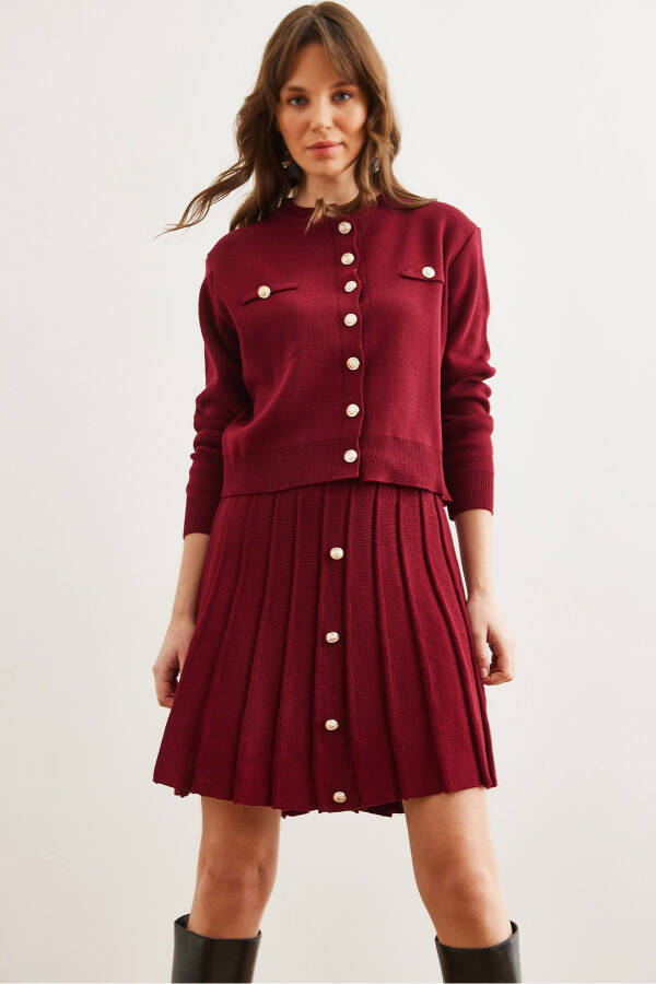 Women's Burgundy Button Detail Top Cardigan with Pleated Skirt Knitwear Set TKM-19000332 - 9