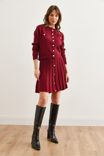Women's Burgundy Button Detail Top Cardigan with Pleated Skirt Knitwear Set TKM-19000332 - 10