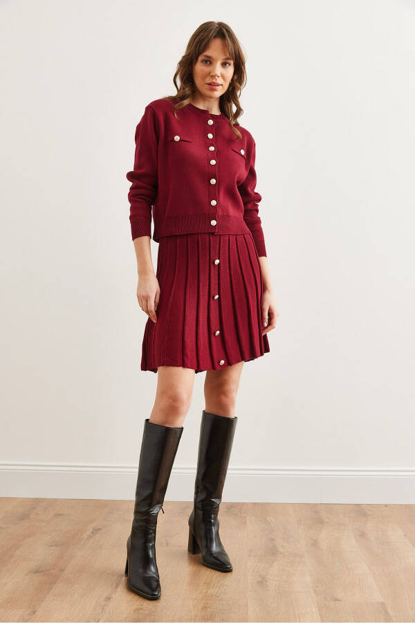 Women's Burgundy Button Detail Top Cardigan with Pleated Skirt Knitwear Set TKM-19000332 - 10
