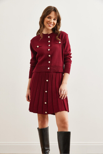 Women's Burgundy Button Detail Top Cardigan with Pleated Skirt Knitwear Set TKM-19000332 - 11