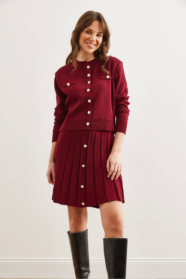 Women's Burgundy Button Detail Top Cardigan with Pleated Skirt Knitwear Set TKM-19000332 - 11