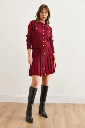 Women's Burgundy Button Detail Top Cardigan with Pleated Skirt Knitwear Set TKM-19000332 - 4