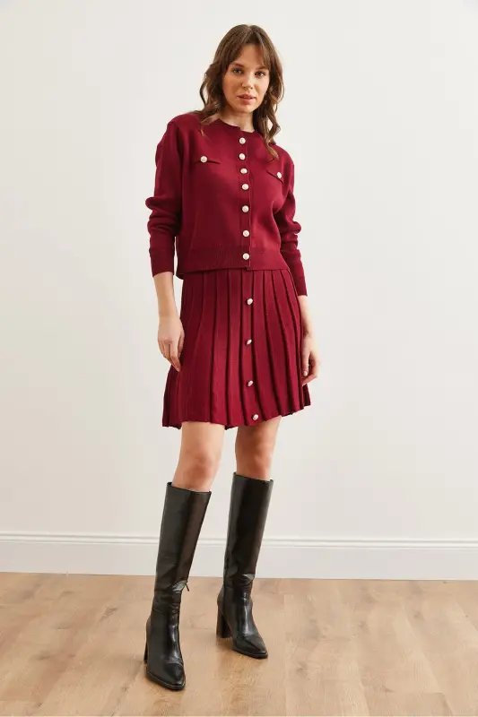 Women's Burgundy Button Detail Top Cardigan with Pleated Skirt Knitwear Set TKM-19000332 - 4