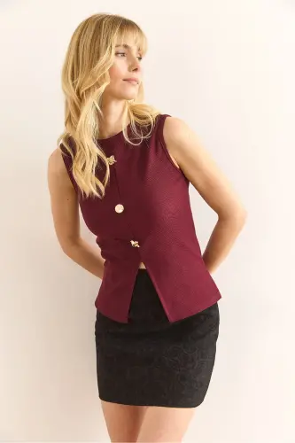 Women's Burgundy Button Detailed Ribbed Blouse BLZ-1900290 - 3