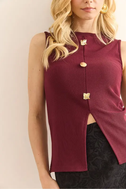 Women's Burgundy Button Detailed Ribbed Blouse BLZ-1900290 - 4