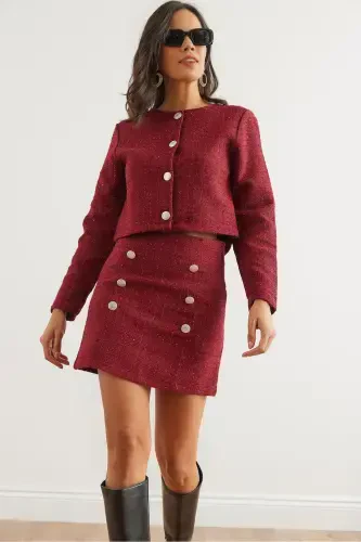 Women's Burgundy Button Detailed Skirt Suit TKM-19000316-Burgundy - 1