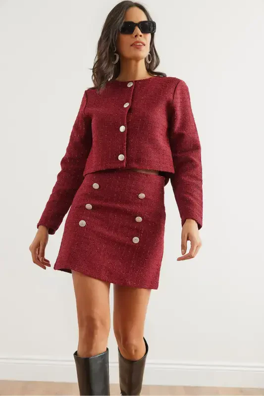 Women's Burgundy Button Detailed Skirt Suit TKM-19000316-Burgundy - OLALOOK