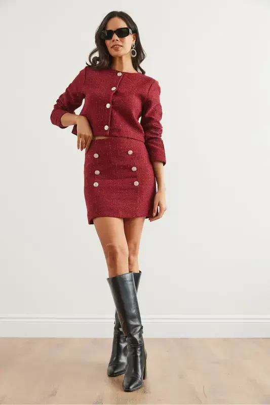 Women's Burgundy Button Detailed Skirt Suit TKM-19000316-Burgundy - 2