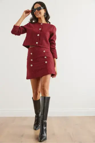 Women's Burgundy Button Detailed Skirt Suit TKM-19000316-Burgundy - 3