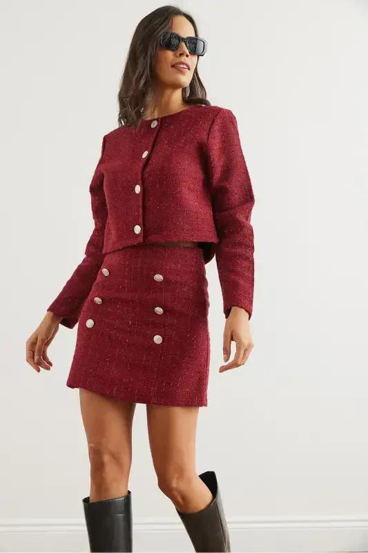 Women's Burgundy Button Detailed Skirt Suit TKM-19000316-Burgundy - 4