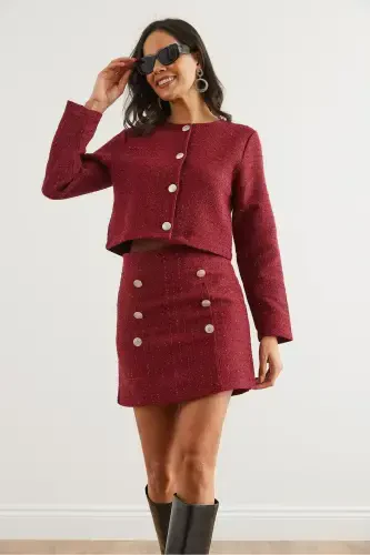 Women's Burgundy Button Detailed Skirt Suit TKM-19000316-Burgundy - 5