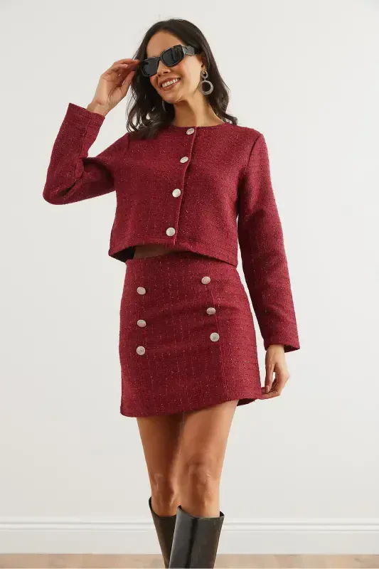 Women's Burgundy Button Detailed Skirt Suit TKM-19000316-Burgundy - 5