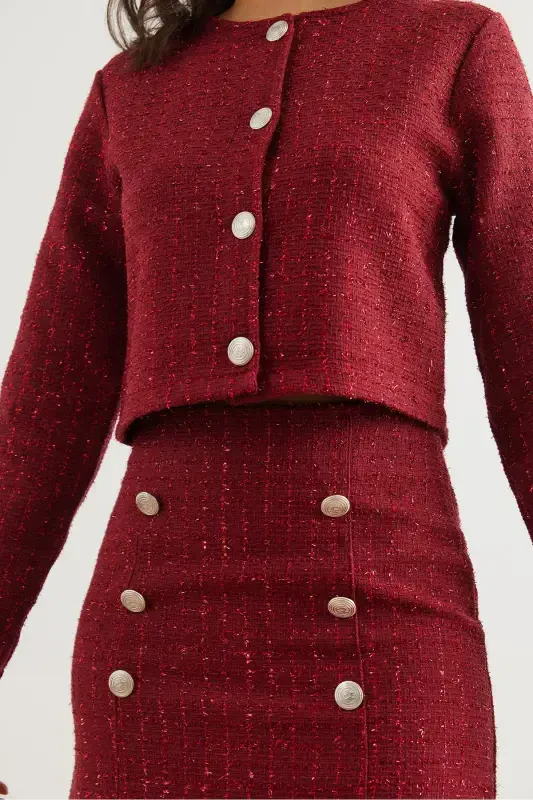 Women's Burgundy Button Detailed Skirt Suit TKM-19000316-Burgundy - 6