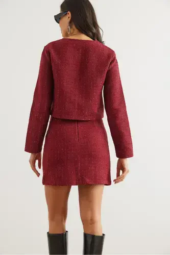 Women's Burgundy Button Detailed Skirt Suit TKM-19000316-Burgundy - 7