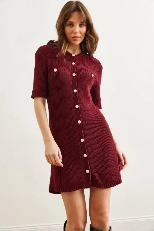 Women's Burgundy Buttoned Mini Knitted Dress ELB-19002329 - OLALOOK