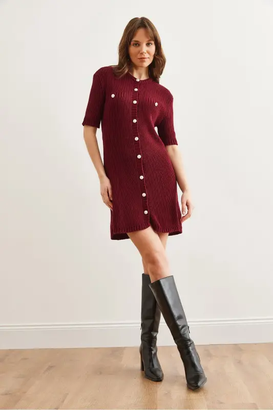 Women's Burgundy Buttoned Mini Knitted Dress ELB-19002329 - 2