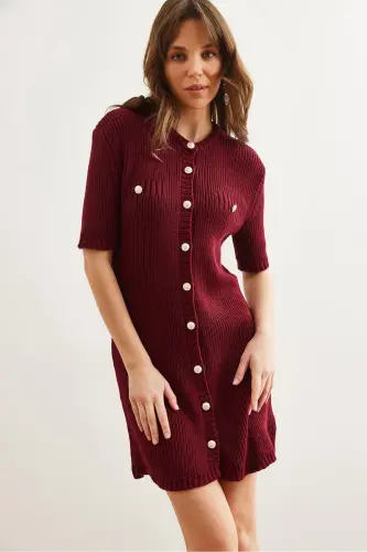 Women's Burgundy Buttoned Mini Knitted Dress ELB-19002329 - 3