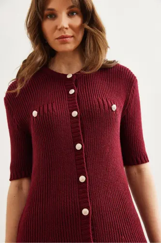 Women's Burgundy Buttoned Mini Knitted Dress ELB-19002329 - 4
