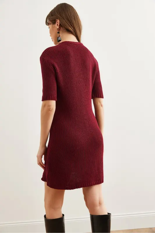 Women's Burgundy Buttoned Mini Knitted Dress ELB-19002329 - 6