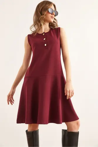 Women's Burgundy Buttoned Skirt Detailed Crepe Dress DRS-1 