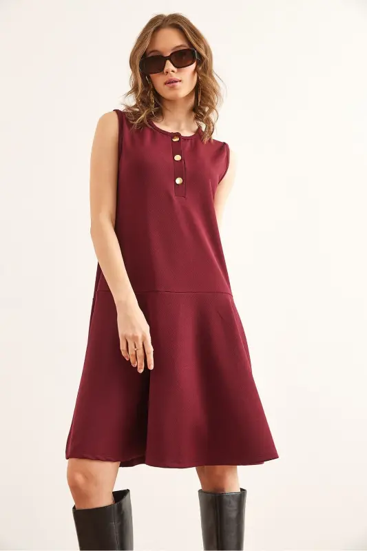 Women's Burgundy Buttoned Skirt Detailed Crepe Dress DRS-1 - 2