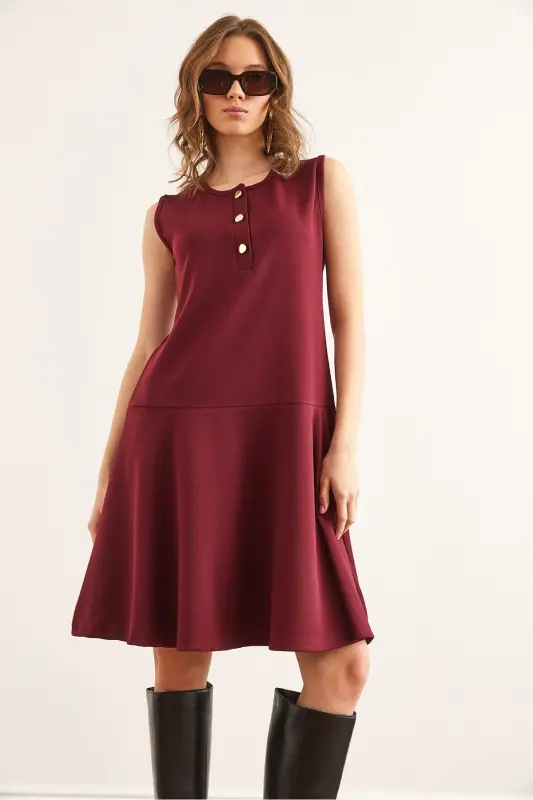 Women's Burgundy Buttoned Skirt Detailed Crepe Dress DRS-1 - 3