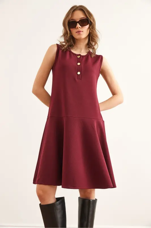 Women's Burgundy Buttoned Skirt Detailed Crepe Dress DRS-1 - 4