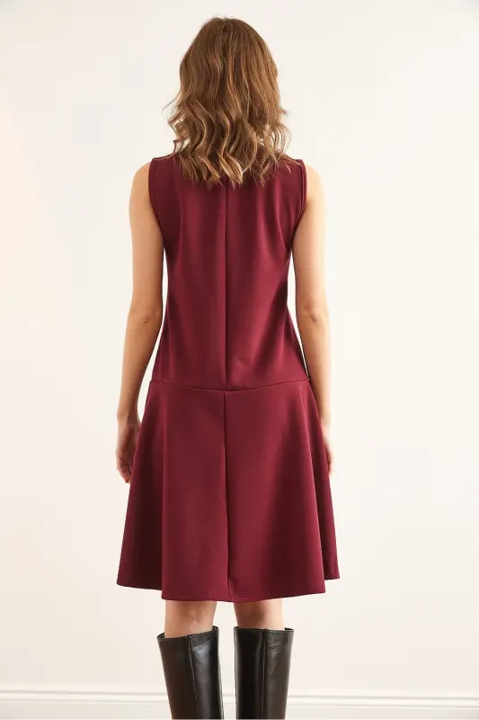 Women's Burgundy Buttoned Skirt Detailed Crepe Dress DRS-1 - 6