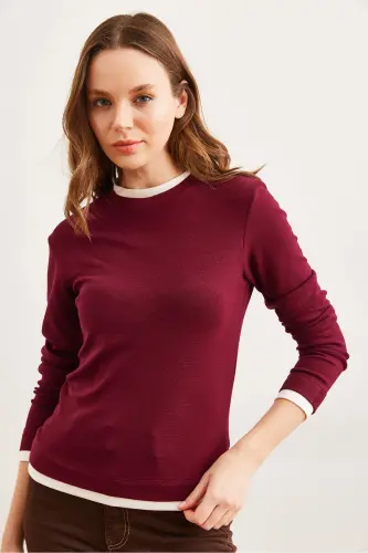 Women's Burgundy Collar and Skirt Garnished Soft Touch Flexible Blouse BLZ-19002802-Burgundy - 4