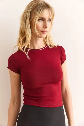 Women's Burgundy Collar Stone Detailed Soft Textured T-shirt - 4