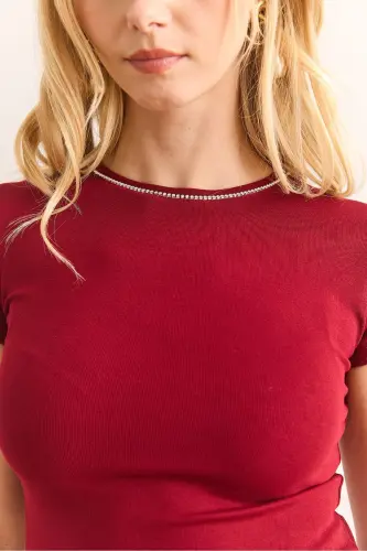Women's Burgundy Collar Stone Detailed Soft Textured T-shirt - 5