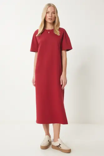 Women's Burgundy Cotton Summer Casual Jersey Dress UB00080-Burgundy 