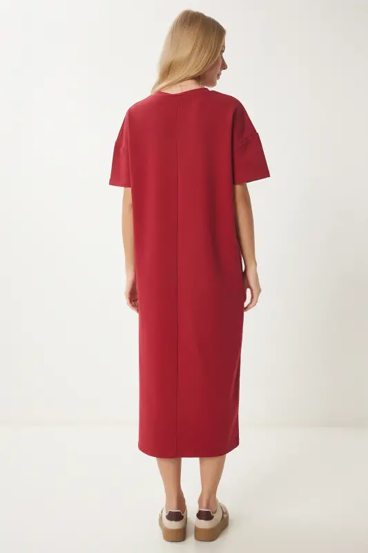 Women's Burgundy Cotton Summer Casual Jersey Dress UB00080-Burgundy - 4