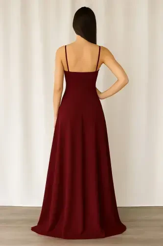 Women's Burgundy Crepe Fabric Slit Detailed Evening Dress-Burgundy - LACASE (1)