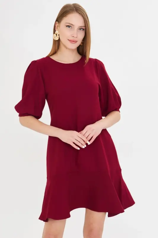 Women's Burgundy Crew Neck Quarter Sleeve Ruffle Hem Dress - ARMONIKA