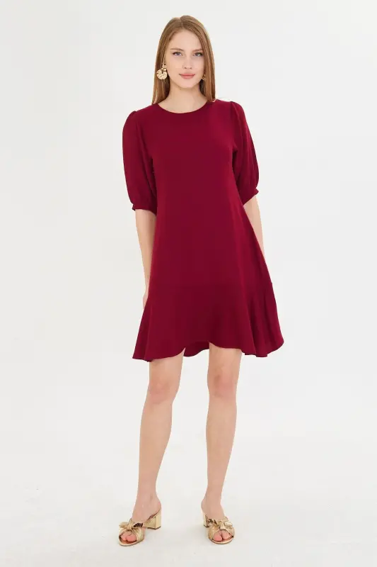 Women's Burgundy Crew Neck Quarter Sleeve Ruffle Hem Dress - 3