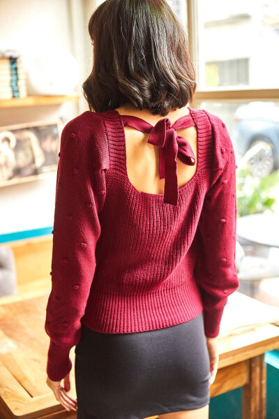 Women's Burgundy Crisscross Back Puff Sleeve Knitted Sweater KZK-19000212 - 5