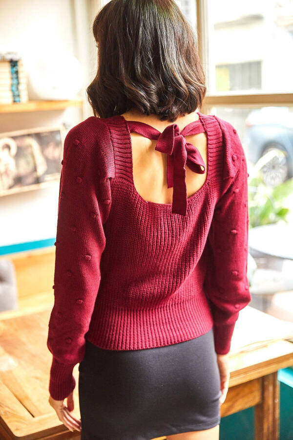 Women's Burgundy Crisscross Back Puff Sleeve Knitted Sweater KZK-19000212 - 5
