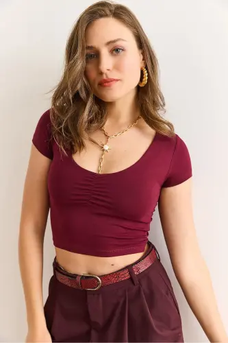 Women's Burgundy Cropped Ruched Front Lycra Cotton T-Shirt - 4