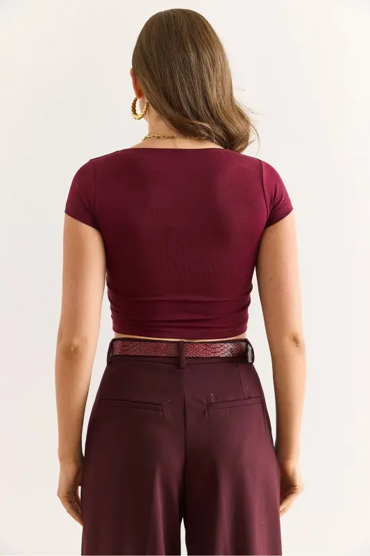 Women's Burgundy Cropped Ruched Front Lycra Cotton T-Shirt - 5