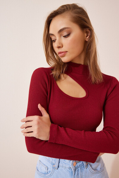 Women's Burgundy Cut Out Detail Ribbed Knit Blouse GT00065 - HAPPINESS İSTANBUL