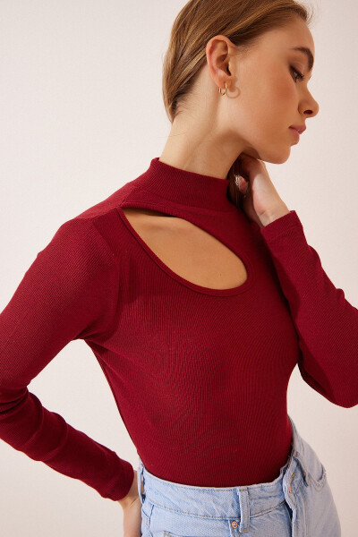 Women's Burgundy Cut Out Detail Ribbed Knit Blouse GT00065 - 3