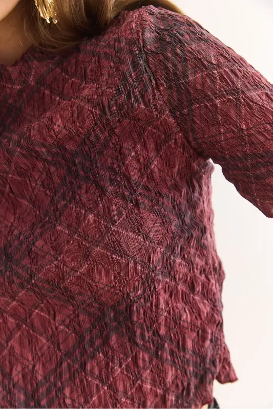 Women's Burgundy Digital Printed Crop Crinkle Blouse Blz - 5
