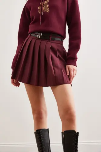 Women's Burgundy Double Buckle Pleated Mini Woven Skirt E - 5
