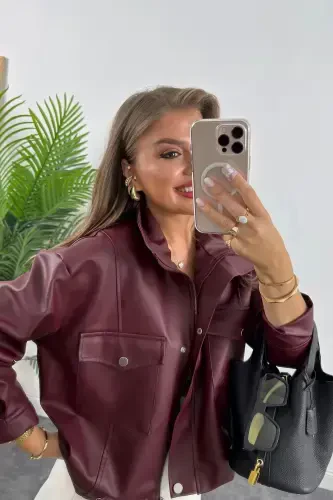 Women's Burgundy Double Pocket Side Gathered Leather Jacket Burgundy-Burgundy - VESS MODA (1)