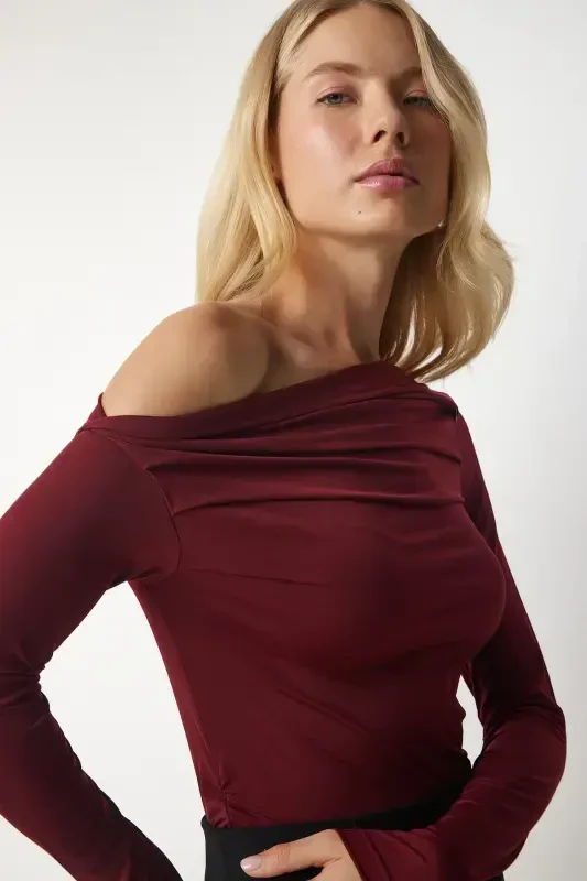 Women's Burgundy Drape Collar Gathered Detail Blouse TO00073-Burgundy - HAPPINESS İSTANBUL